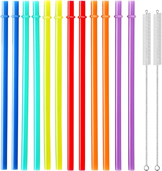 32 Pieces Reusable Plastic Straws Fit for Mason Jars, Tumblers, 10.25 Inches Extra Long Rainbow Colored Unbreakable Drinking Straws with 2 Cleaning Brushes, BPA Free and Eco Friendly