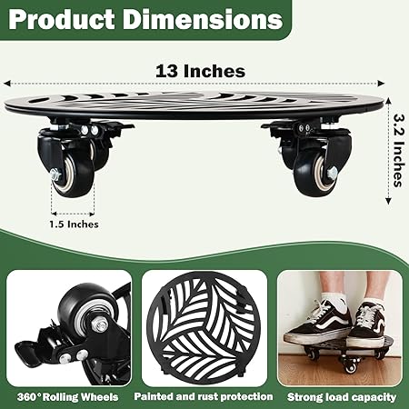 2 Packs Metal Plant Caddy with Wheels 13 Heavy-Duty Wrought Iron Rolling Plant Stands with Casters Indoor and Outdoor Plant Pot Roller Base Plant Saucer Movers Black, Strong Load Capacity