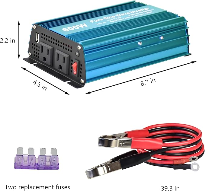 DC 12V to AC120V Pure Sine Wave Power Inverter 600W with Dual sockets Output and DC 5V 2Amp USB Output. Ideal for Most Small Power appliances. (600W) Blue