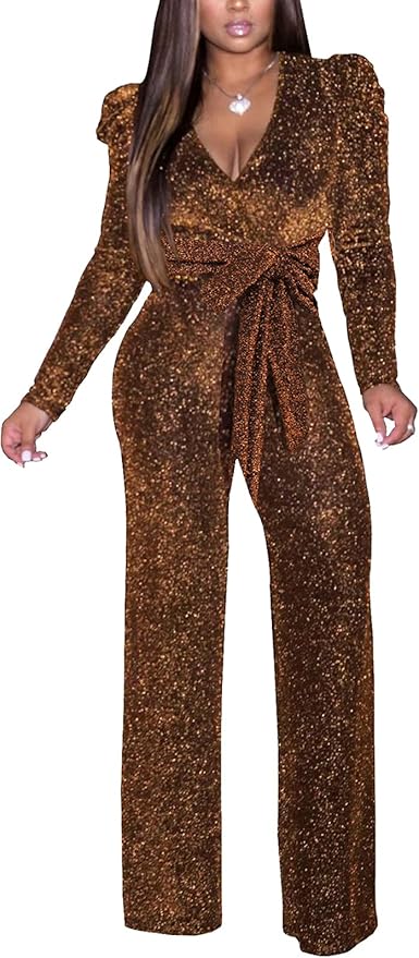Women's Sparkly Jumpsuits Sexy Long Sleeve Cocktail Elegant Mock Neck Bodycon Straight Long Pants Rompers with Pockets