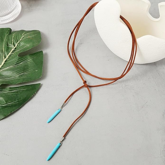 Boho Feather Turquoise Leather Choker Necklace for Women Bohemian Handmade Leaf Layered Black Brown Suede Cowgirl Cowboy Necklace for Western Style Country Party Trendy Jewelry Gifts (Long brown necklace)