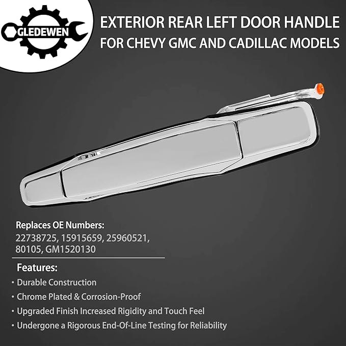 Exterior Chrome Door Handle Rear Left Driver Side for 2007-2013 Chevy Silverado Suburban Tahoe Avalanche, GMC Sierra Yukon, Cadillac Escalade Replaces 22738725, 15915659, 25960521, 80105