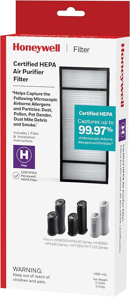 Honeywell HRF-H1 HEPA Air Purifier Filter H, 1-Pack for HPA050150, HPA060 HPA160 Series Airborne Allergen Air Filter Targets WildfireSmoke, Pollen, Pet Dander, and Dust