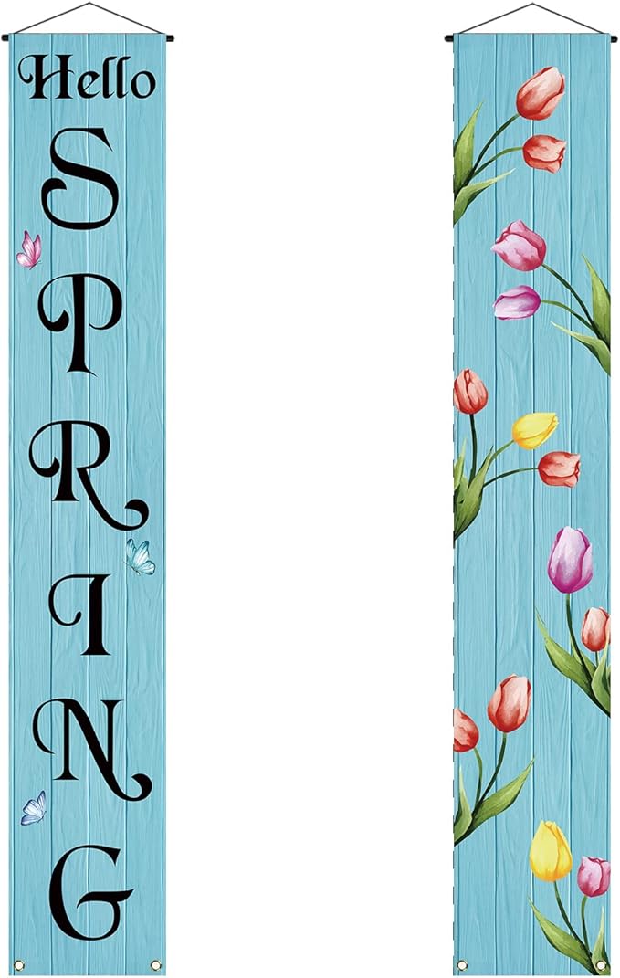 Tulips Spring Porch Banner Spring Party Sign Front Door Banner for Home Yard Indoor Outdoor Hanging Decoration