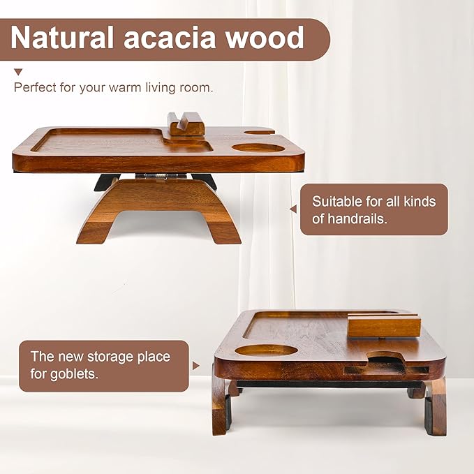 Upgrade Sofa Arm Tray, Bamboo Couch Arm Table with Wine Cup Holder, Foldable Armrest Tray Clip on Wide Couches for Eating, Drinks, Snacks, Remote, (Brown)