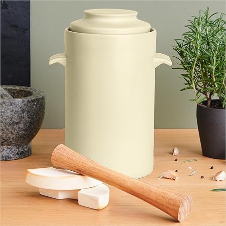 HomeBuddy Ivory Fermentation Crock (1 Gallon) with Weights, Acacia Wood Pounder and Recipie Book - Sauerkraut Fermentation Kit, Onggi Kimchi Jar, Fermenting Crock for Pickling or Sourdough