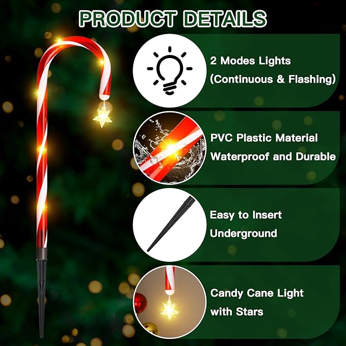 12 Pack Christmas Candy Cane Lights, Solar Christmas Candy Cane Decorations Waterproof Pathway Markers Lights with Star for Outdoor Christmas Decorations Gifts Yard Driveway Lawn Garden Xmas Tree