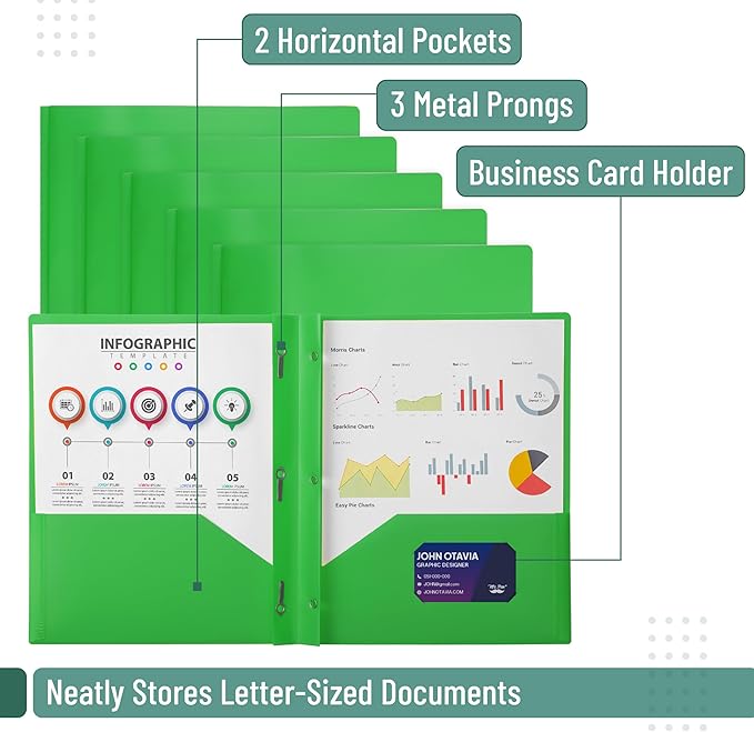 Mr. Pen- Plastic Folders with Pockets and Prongs, 5 Pack, Green, Pocket Folders, Folders with Prongs, File Folders with Fasteners, 2 Pocket Folder, Folder with Pockets, Two Pocket Folder