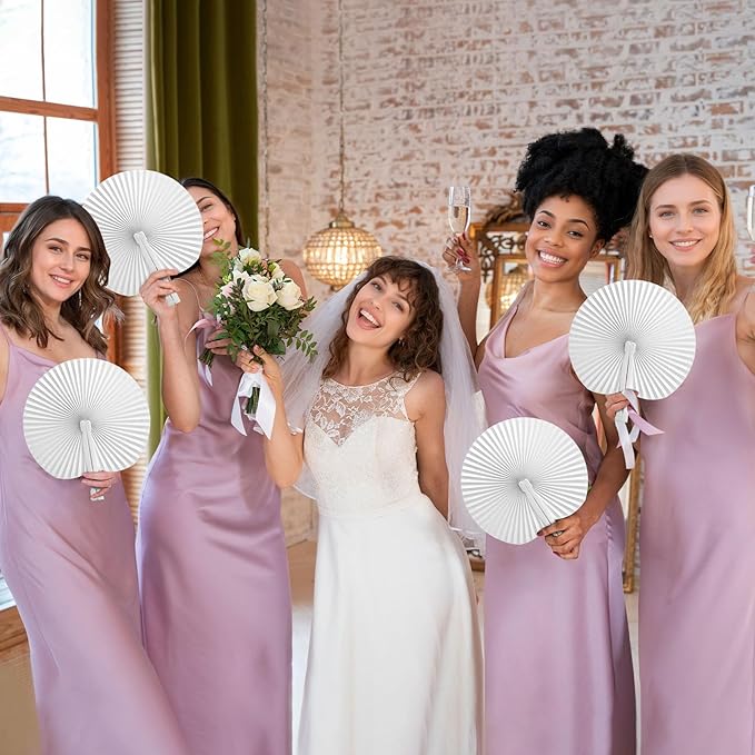 JOHOUSE Decorative Round Hand Fan Foldable, 12 Packs White Folding Fans Handheld Chinese and Japanese Style Crafts for Wedding, Dancing, Party Favors DIY Decoration