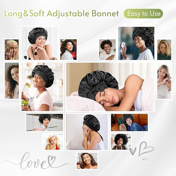 BONNET QUEEN Silk Bonnet for sleeping Women Satin bonnet Hair Bonnet Night Sleep Cap Scarf wrap for Curly Hair with tie Band Black