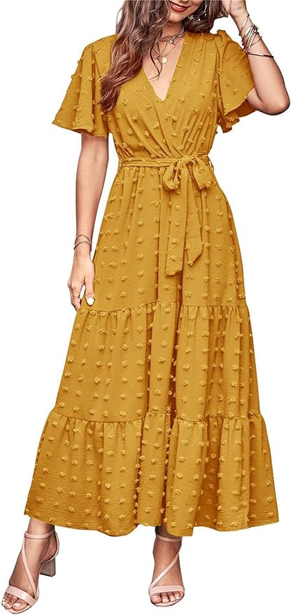 MASCOMODA Womens Summer Swiss Dot Maxi Dressses Wrap V Neck Flutter Short Sleeve Boho Casual Flowy Long Wedding Guest Dress