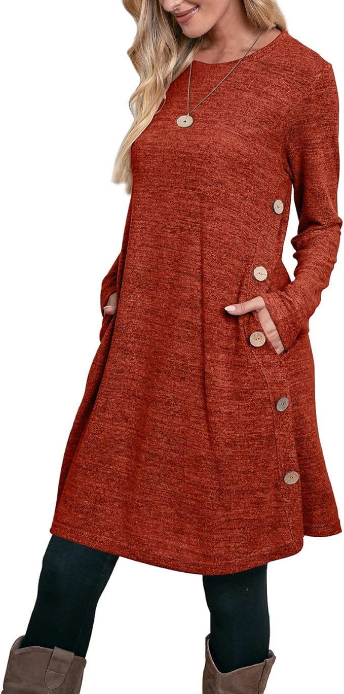 OFEEFAN Womens Long Sleeve Tunic Dres Fall Outfits with Pockets Buttons