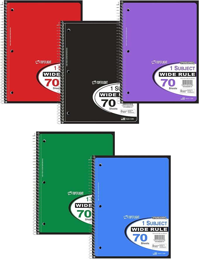 Top Flight Standards 1-Subject Notebook, 70 Sheets, Perforated, Wide Rule, Color May Vary (31306)