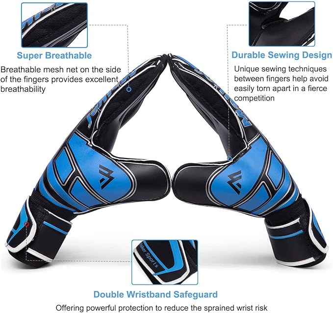 Malker Soccer Goalie Gloves Goalkeeper Gloves with Fingersave and Double Wrist Protection, Strong Grip Goalkeeper Gloves for Kids, Youth, Adults