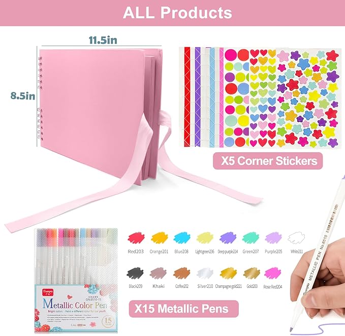 EVNEED 11.5 x 8.5 Inch Scrapbook Photo Album,Wedding Guest Book Anniversary Memory Scrapbooking,Wedding Photo Album with DIY Accessories Kit for Craft Paper DIY,Xmas Gift,80 Pages (40 Sheets),Pink