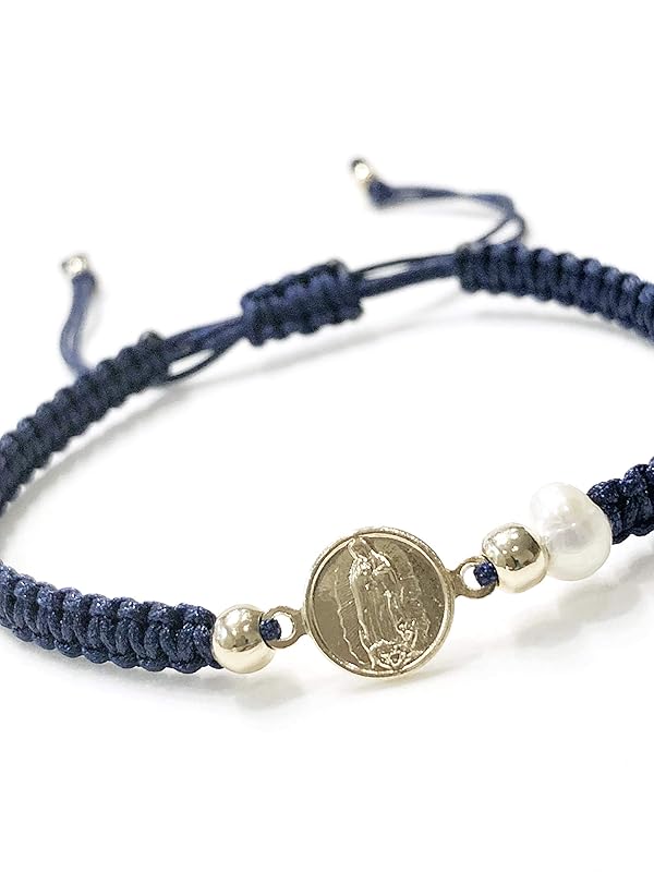 Our Lady of Guadalupe Medal and Dainty Cultured Fresh Father Pearl Adjustable Red String Bracelet Pulsera de la Virgen de Guadalupe para Mujeres (Blue)