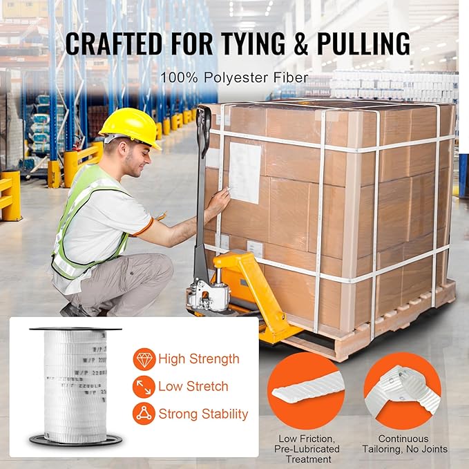 VEVOR Polyester Pull Tape, 5/8" x 108' Mule Tape Flat Rope, 2200 lbf Tensile Capacity, Printed Webbing Cable Pulling Tape for Packaging, Gardening, Commercial Electrical, Conduit Work, White