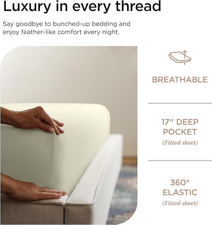 Threadmill 100 Supima Cotton Sheets, Premium 1200 Thread Count Cotton Sheets for King Size Bed, 4 Pc Ivory King Bed Sheets Set, 5-Star Hotel Quality with Elasticized Deep Pocket King Sheets