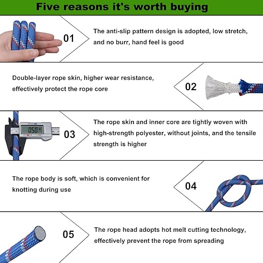 Double Braided Arborist Rigging Rope (1/2 in x 100 ft) Strong Polyester Rope 48 Strands for Tree Work Pulling Swing Sailing, Blue/White/Red