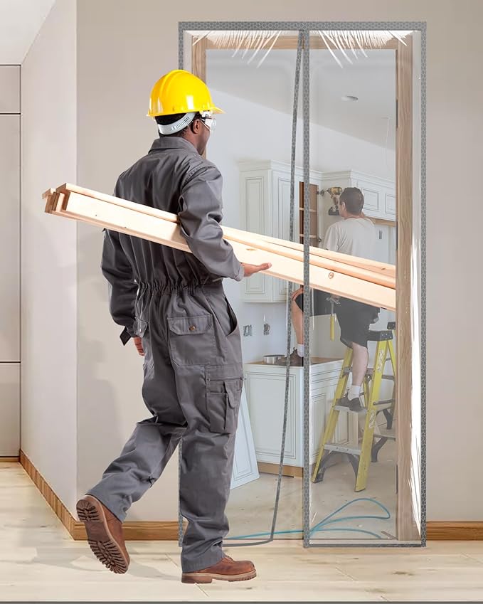 Magnetic Door Cover for Dust Control Room Separation, Temporary Plastic Door Curtain for Home Renovation Construction, Reusable Dust Barrier for Remodeling, 3'11"7'2"