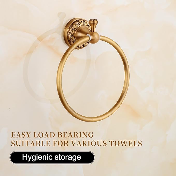 Wall Mounted Bathroom Towel Ring, Bath Towel Hanger Antique Brass Pattern Carving,Brushed Bronze