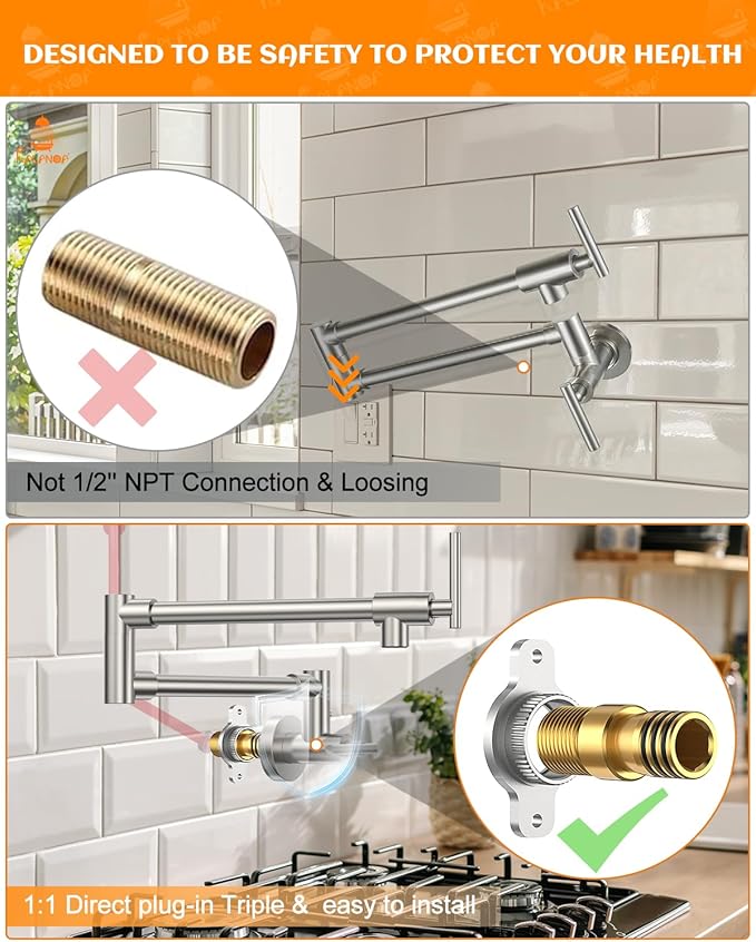 Pot Filler, Pot Filler Faucet Wall Mount, Metal Folding Stretchable with Double Joint Swing Arm Single Hole Two Handles Kitchen Restaurant (Brushed Nickel)