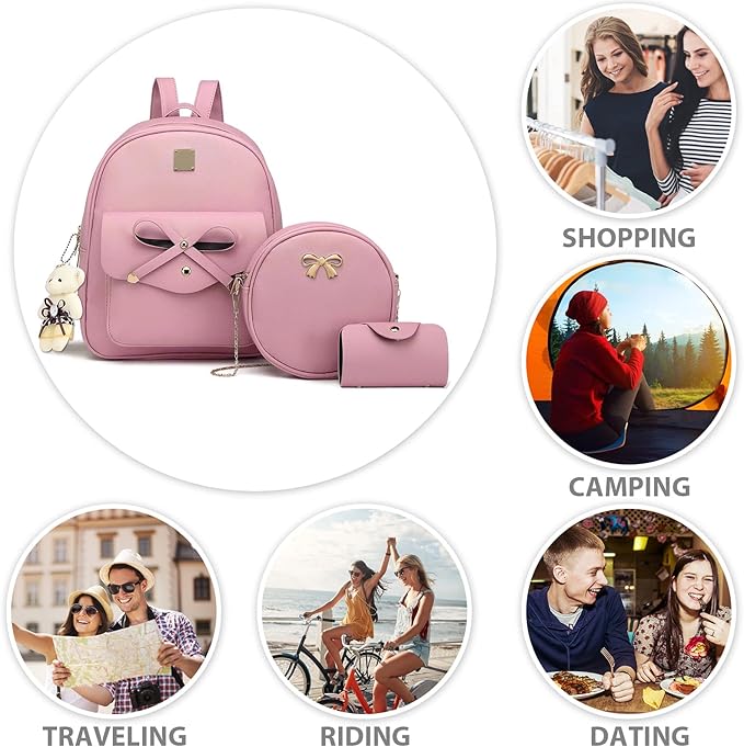 K.E.J. Women Mini Backpack Purse Bowknot Leather Backpack 3-PCS Cute Small Backpack Purse for Women Rucksack for Ladies Shoulder Bag
