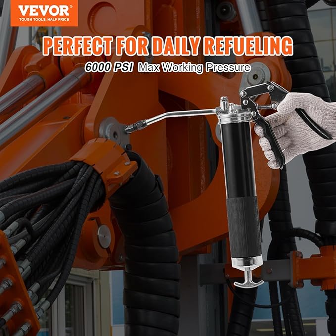 VEVOR Grease Gun, 6000 PSI Heavy Duty Pistol Grip Grease Gun, Grease Gun Kit with 14 oz Load, 17.72 Inch Flexible Hose, 1 Flat Couplers, 1 Pointed Coupler, and 1 Bent Metal Pipe