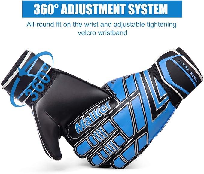 Malker Soccer Goalie Gloves Goalkeeper Gloves with Fingersave and Double Wrist Protection, Strong Grip Goalkeeper Gloves for Kids, Youth, Adults