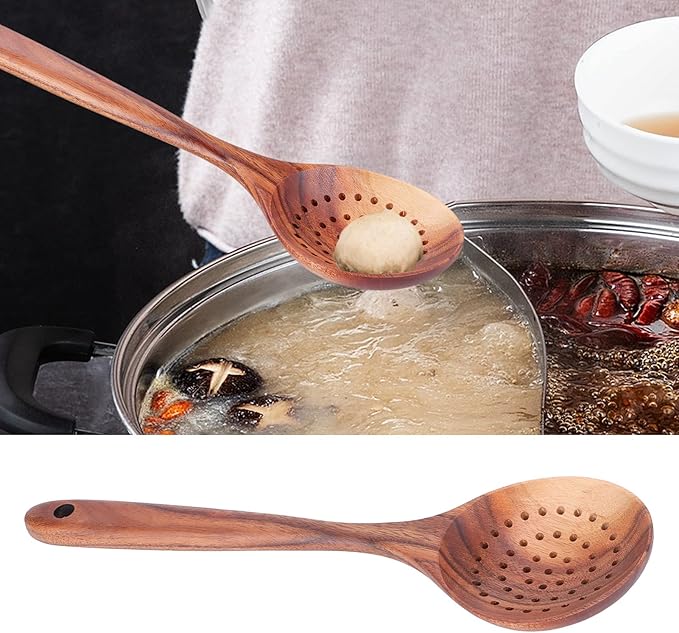 Wooden Strainer Spoon, 11 inch Teak Wooden Slotted Spoon Long Handle Colander Ladle Skimmer Scoops for Home Kitchen Cooking Tool