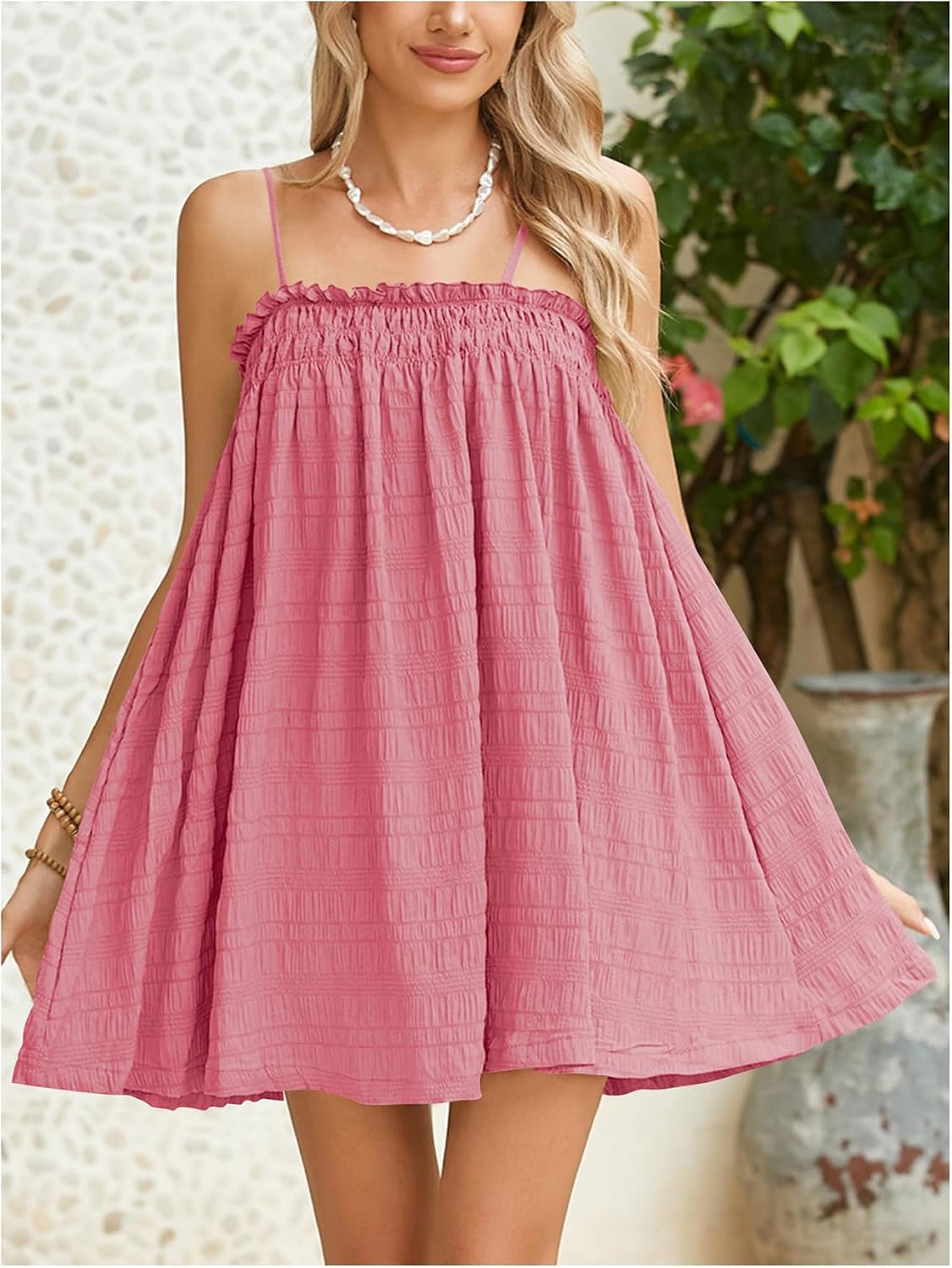 MakeMeChic Women's Sundress Flowy Cami Mini Dress Sleeveless Ruffle Swing Shirred Casual Vacation Cute Summer Dress