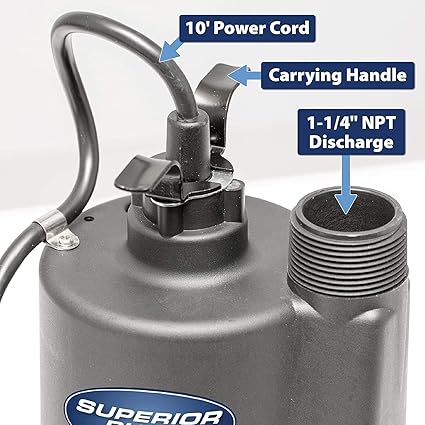 Superior Pump 91250 1800GPH Thermoplastic Submersible Utility Pump with 10-Foot Cord, 14 HP