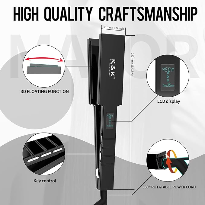 Professional Wide Titanium KK Flat Iron 1.75 Inch Hair Straightener for Straight and Curly Hair (45mm)
