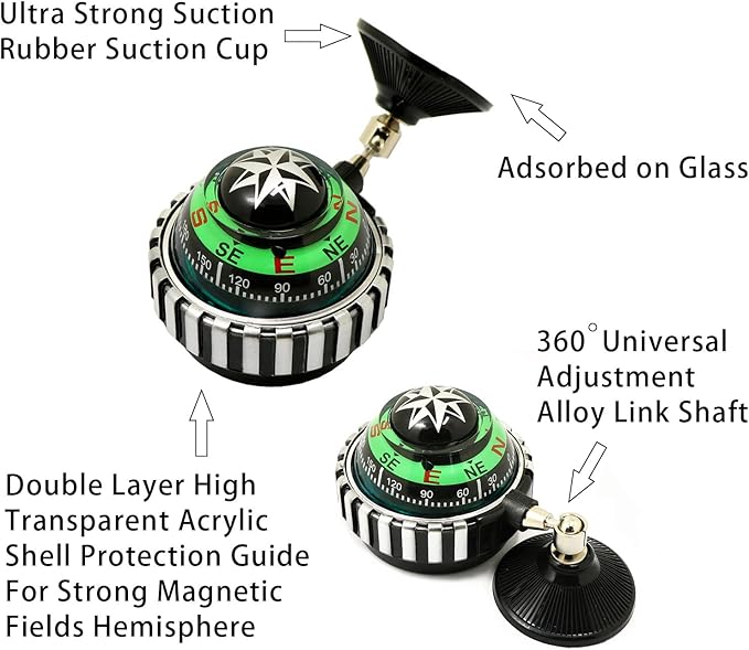 Adjustable Ball Night Vision Compass with The Bottom Suction Cup, Boat Compass Dash Mount, Adjustable Dash Car Compass for Car Marine Boat Ship
