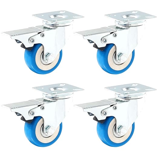 4 Pack Caster Wheels Swivel Plate Stem Brake Casters On Blue Polyurethane Wheels (2 inch with Brake)