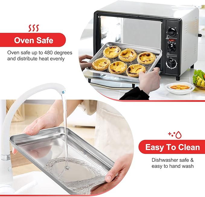 Stainless Steel Baking Sheet Cookie Tray, Cookie Sheet for Toaster Oven Baking Pan Tray, Jelly Roll Pan Size 16 x 12 x 1 Inch Easy Clean Non-stick Non-toxic Dishwasher Safe