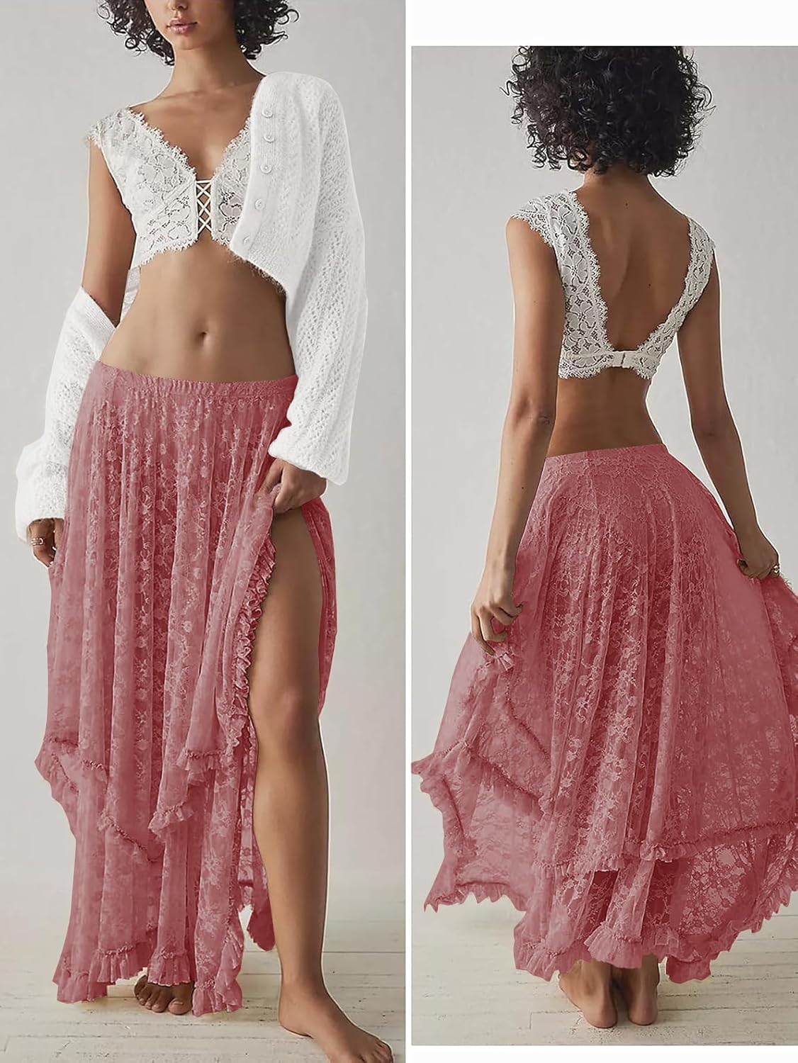 YKR Womens Lace Long Skirts Elastic Asymmetrical Layered Hem Sexy See-Through Flowy Skirts Floral Beach Maxi Skirt.