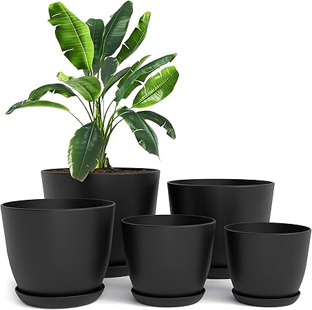 Utopia Home - Plant Pots Indoor with Drainage - 76.665.34.8 Inches Home Decor Flower Pots for Indoor Planter - Pack of 5 Plastic Planters for Indoor Plants, Cactus, Succulents Pot - Black