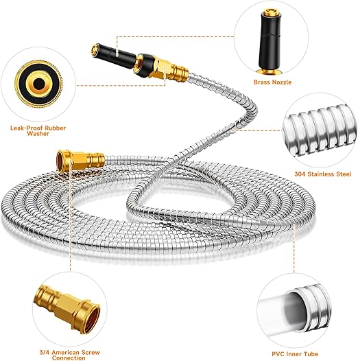 Metal Garden Hose 25 FT - 304 Stainless Steel Water Hose 25 FT - Expandable Short Flexible Garden Hose,no Kink Explosion, no Bite