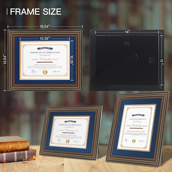 XUANLUO 11x14 Picture Frames Certificate Document Frame with Tempered Glass Wood Grain Color Diploma Frames 8.5x11 with Blue Mat for Wall and Tabletop Brown 1Pack