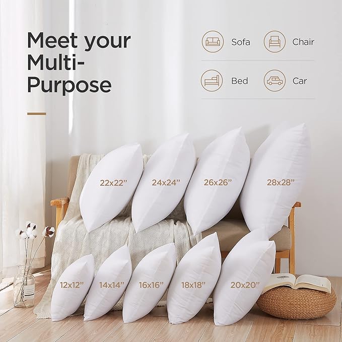Acanva Throw Pillow Inserts for Bed Couch Sofa Chair Indoor Decorative, Square Sham Stuffer Cushion with Premium Polyester Microfiber, 26x26 Inch(2 Count), White