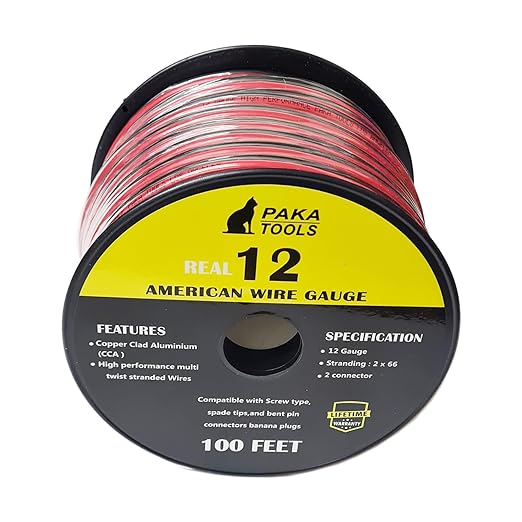 PAKA TOOLS Speaker Wire (100 Feet), Copper Clad Aluminum, CCA Thick Gauge Copper Wire for Stereo, Surround Sound, Home Theater, Radio (BlackRed, 100 Feet,one Spool) (12 Gauge)