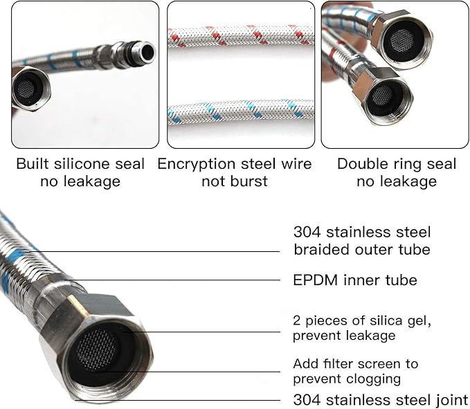 Homevacious 24-Inch Long Bathroom Kitchen Faucet Connector Braided Supply Hose 38-Inch Stainless Steel Female Compression Thread x M10 Male Connector, x 2 Pcs(1 Pair)