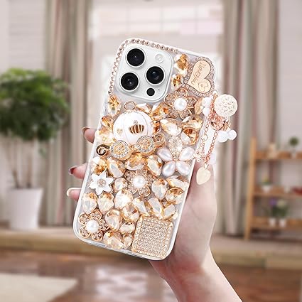 for iPhone 15 Pro Max Bling Glitter Case, Luxury Shiny Diamond Crystal Rhinestone Champagne Pumpkin Car Handmade Clear Protective Case Cover for iPhone 15 Pro Max