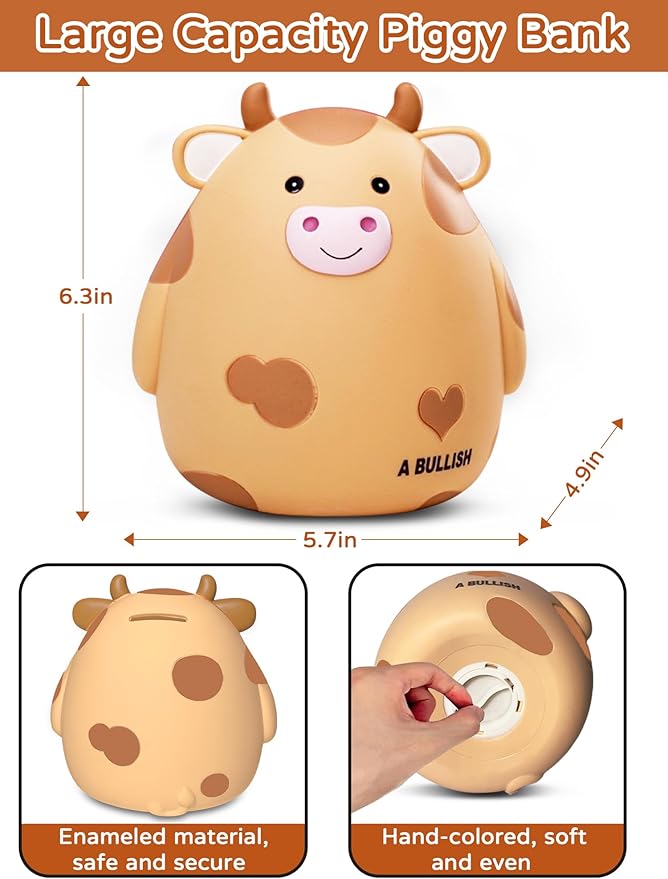 Cow Piggy Bank,Unbreakable Coin Box for Boys Kids,Cute Animal Coin Money Bank Birthday Girls Adults,Coin Saving Boxes Home DecorOoaYellowOoa