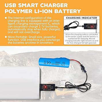 Fytoo 2PCS 3.7V 1200mAh Li-ion Battery SM-2P Plug with USB Charging Cable for Double Sided RC Stunt Car Truck RC Car DE68 DE44 DE45 DE58 DE49 DE57 DE70 Battery
