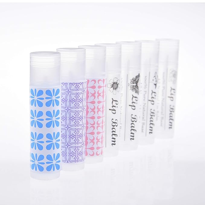 Lip Balm Container Tubes - 50-Pack - DIY - Transparent- 316 Oz (5.5 ml) - Including 50 Writeable 50 Printed Lip Balm Stickers - Twist Mechanism and a Cap - Empty