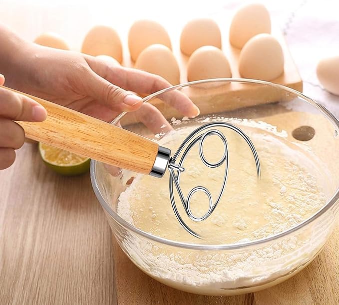 Danish Dough Whisk Stainless Steel Dough Whisk Dutch Bread Dough Hand Mixer Wooden Handle Kitchen Baking Tools Bread Making Tools and Supplies