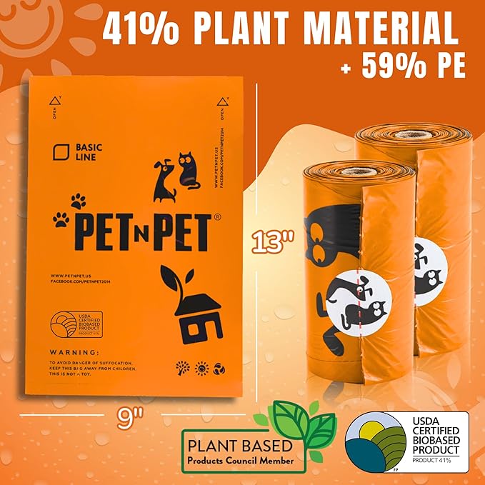 Pet N Pet 1080 Counts Orange Poop Bags for Dogs, 38% Plant Based & 62% PE Extra Thick Dog Poop Bags Rolls, 9" x 13", Unscented Pet Waste Bag