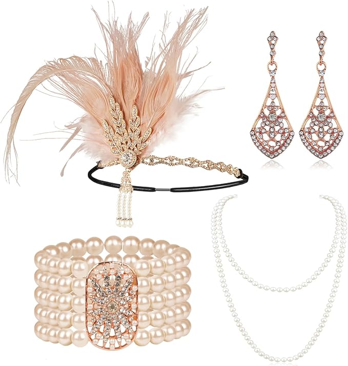 Cizoe 1920s Flapper Gatsby Costume Accessories Set 20s Flapper Headband Vintage Pearl Necklace Gloves